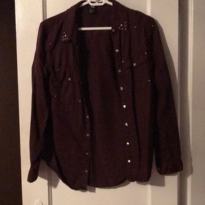 Dark purple button down with gold embellishment